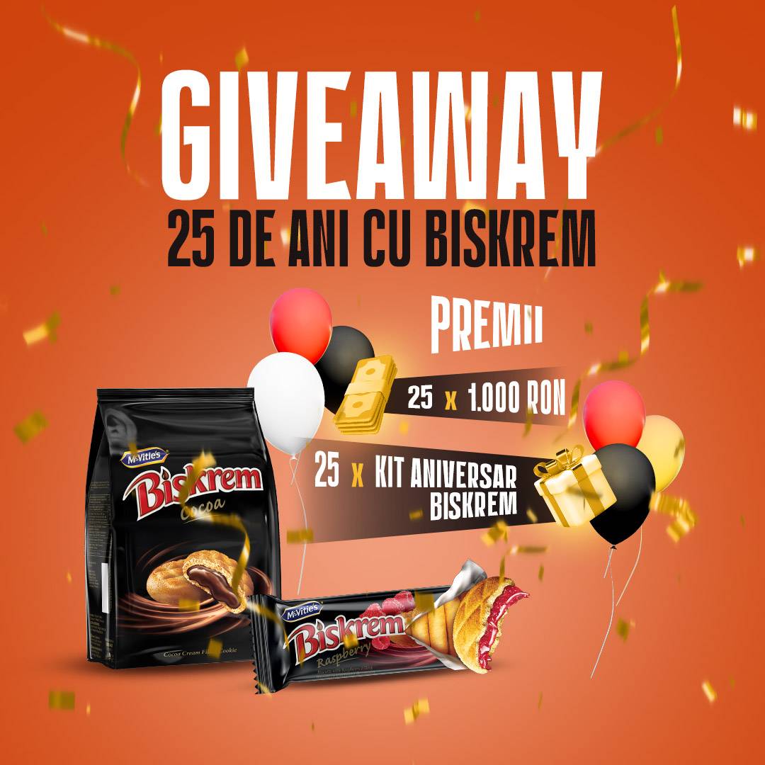 Concurs: Castiga 25 premii in bani in valoare de 1.000 de lei fiecare si 25 kituri Biskrem Anniversary Packs in valoare de 200 de lei fiecare!