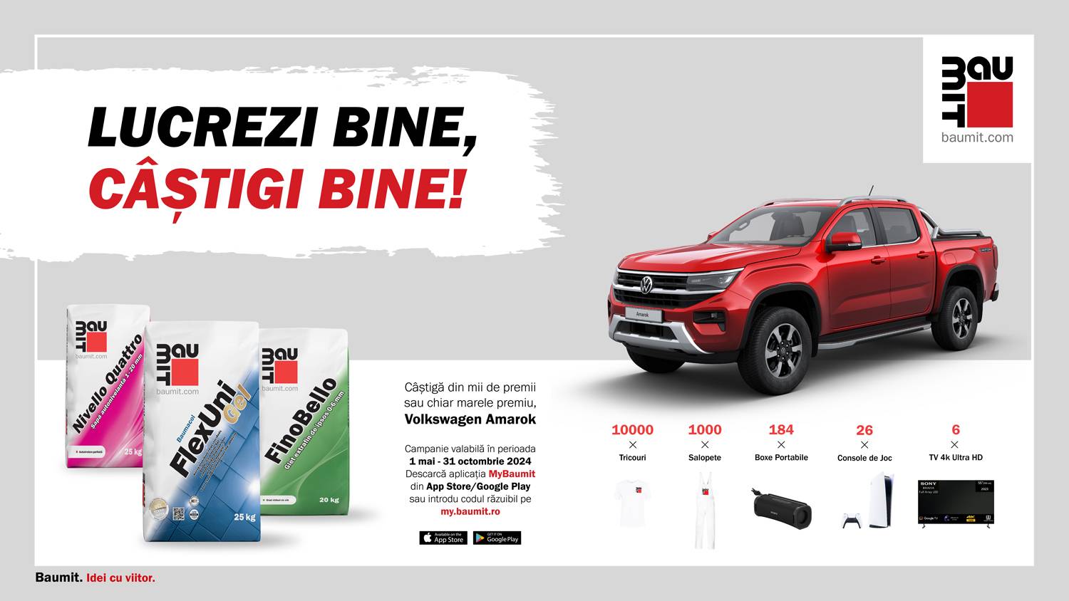 Concurs: Castiga o masina Volkswagen Amarok, 26 console gaming Sony PlayStation 5, 6 televizoare LED Sony Bravia 139cm, 184 boxe portabile Sony Ult Field, 1.000 salopete Baumit si 10.000 de tricouri Baumit!