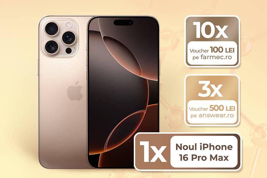 Concurs: Castiga un telefon mobile Apple iPhone 16 Pro Max 256 GB, 3 vouchere de cumparaturi Answear in valoare de 500 de lei fiecare si 10 vouchere de cumparaturi Farmec in valoare de 100 de lei fiecare!