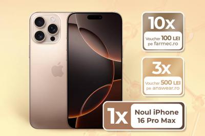 Concurs: Castiga un telefon mobile Apple iPhone 16 Pro Max 256 GB, 3 vouchere de cumparaturi Answear in valoare de 500 de lei fiecare si 10 vouchere de cumparaturi Farmec in valoare de 100 de lei fiecare!